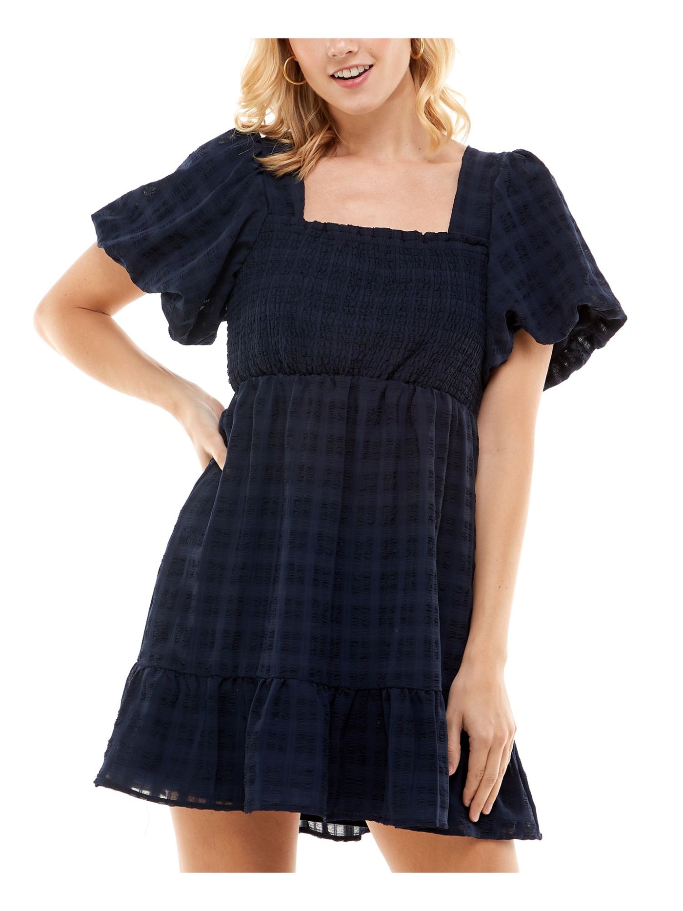 CRYSTAL DOLLS Womens Navy Smocked Tiered Skirt Lined Pouf Sleeve Square Neck Short Fit + Flare Dress S