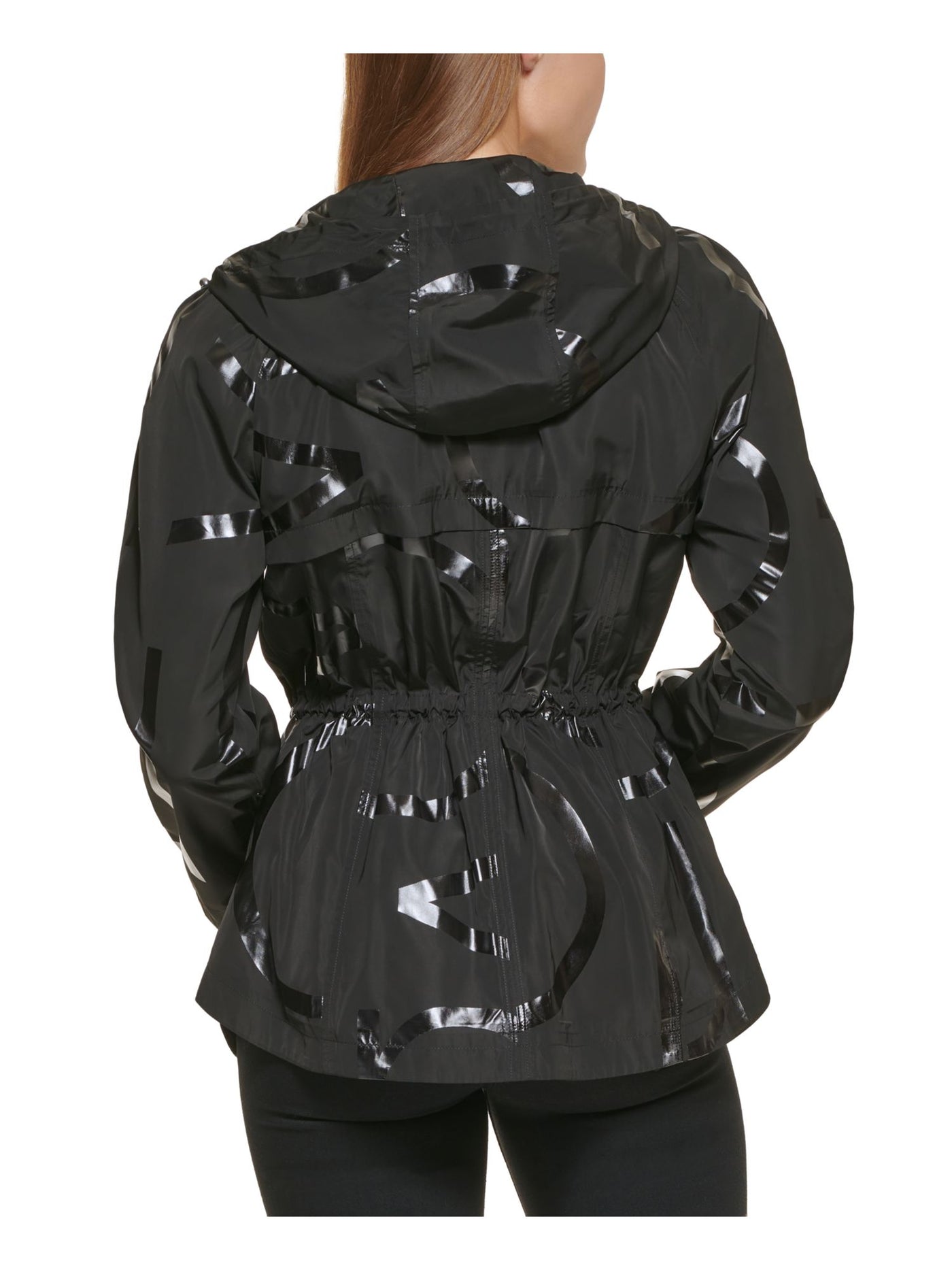 CALVIN KLEIN Womens Black Zippered Pocketed Bungee Hood & Waist Snap Closure Parka Jacket L