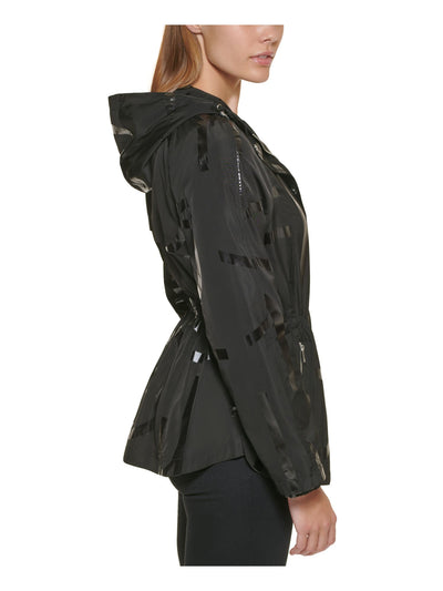 CALVIN KLEIN Womens Black Zippered Pocketed Bungee Hood & Waist Snap Closure Parka Jacket L