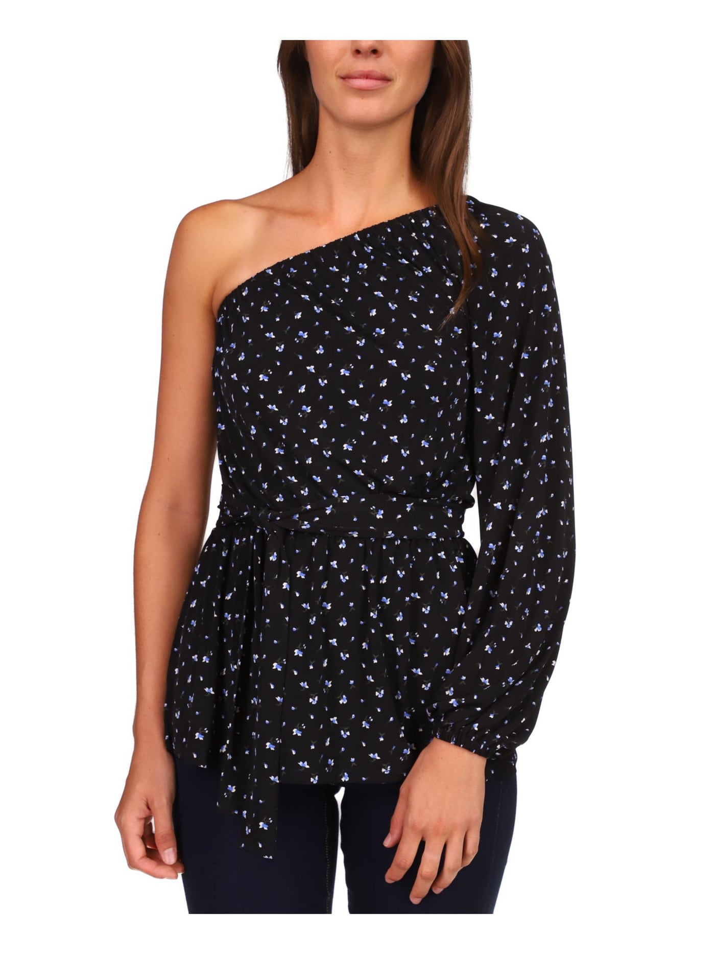 MICHAEL KORS Womens Black Floral Long Sleeve Asymmetrical Neckline Tunic Top XS