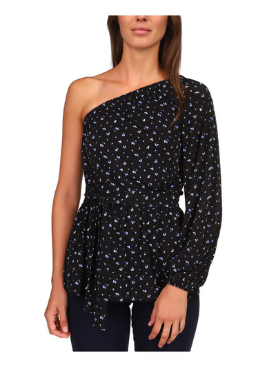 MICHAEL MICHAEL KORS Womens Black Floral Long Sleeve Asymmetrical Neckline Tunic Top L