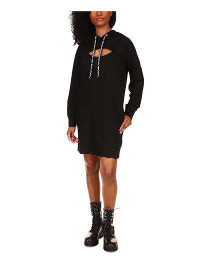 MICHAEL MICHAEL KORS Womens Black Cut Out Drawstring Hoodie Long Sleeve Above The Knee Sweatshirt Dress XS