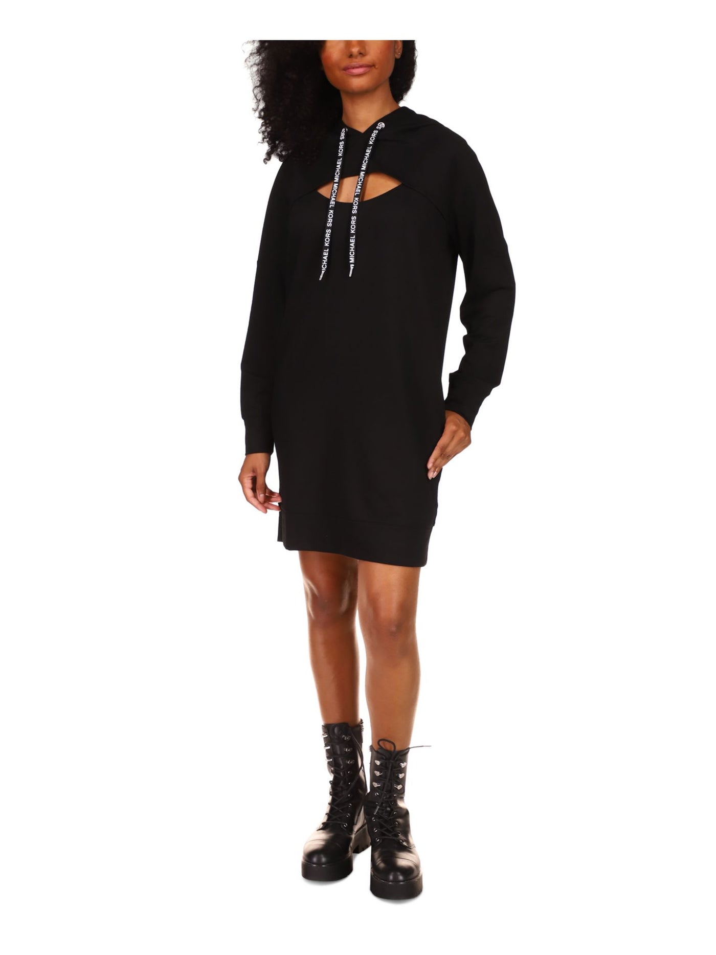 MICHAEL MICHAEL KORS Womens Black Cut Out Hooded Zippered Pocket Logo Draw Long Sleeve Crew Neck Above The Knee Sweatshirt Dress Petites P\XS