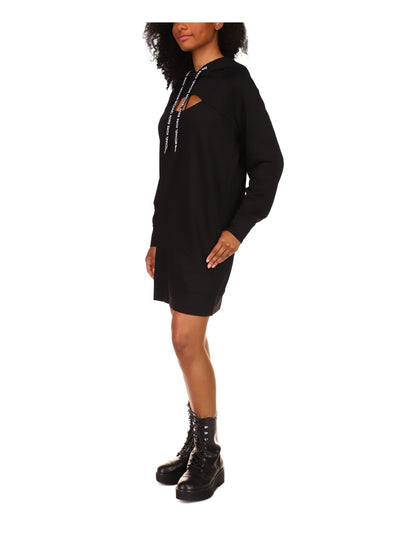 MICHAEL MICHAEL KORS Womens Black Cut Out Hooded Zippered Pocket Logo Draw Long Sleeve Crew Neck Above The Knee Sweatshirt Dress Petites P\XS