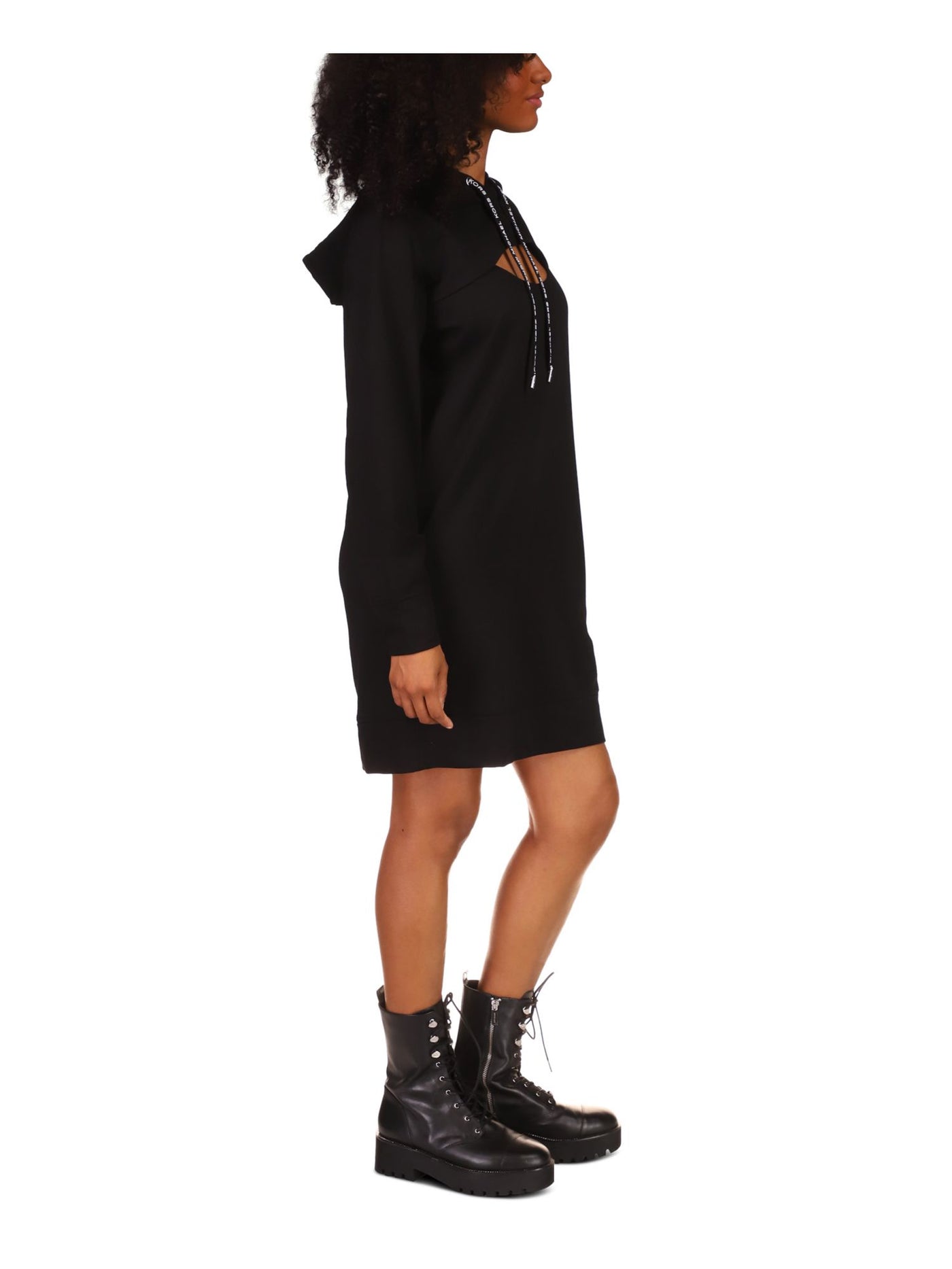 MICHAEL MICHAEL KORS Womens Black Cut Out Hooded Zippered Pocket Logo Draw Long Sleeve Crew Neck Above The Knee Sweatshirt Dress Petites P\XS