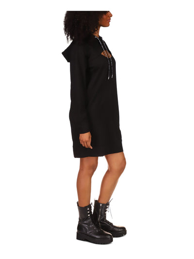 MICHAEL MICHAEL KORS Womens Black Cut Out Drawstring Hoodie Long Sleeve Above The Knee Sweatshirt Dress XS