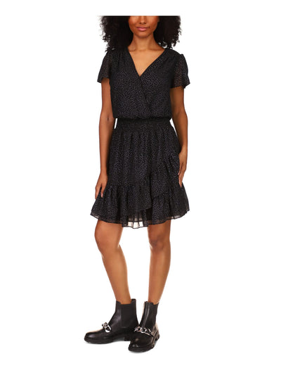 MICHAEL KORS Womens Black Smocked Ruffled Lined Flutter Sleeve Surplice Neckline Short Faux Wrap Dress M