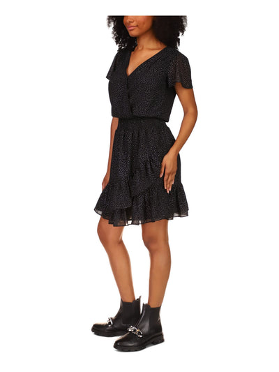 MICHAEL KORS Womens Black Smocked Ruffled Lined Flutter Sleeve Surplice Neckline Short Faux Wrap Dress M