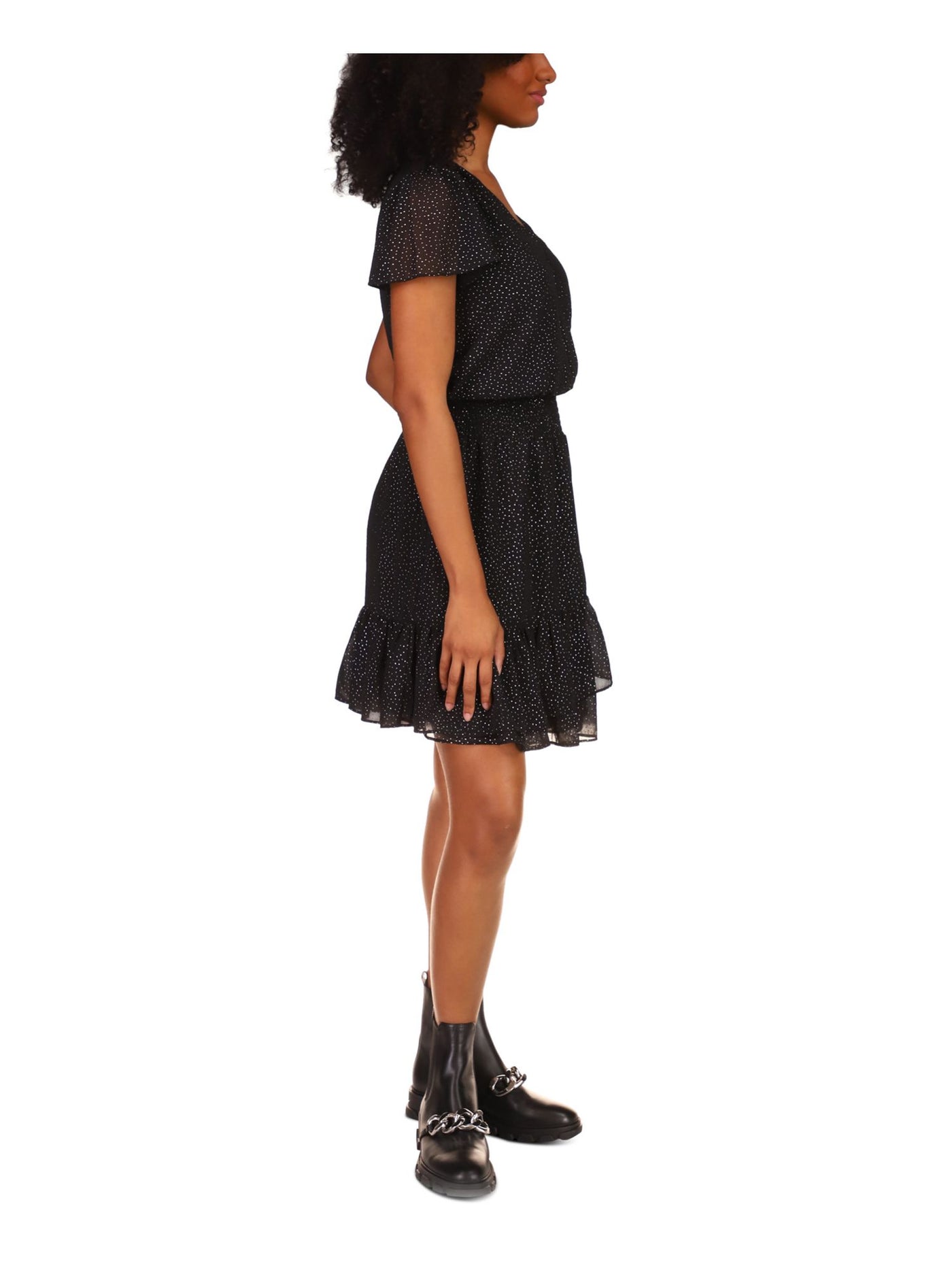 MICHAEL KORS Womens Black Smocked Ruffled Lined Flutter Sleeve Surplice Neckline Short Faux Wrap Dress L