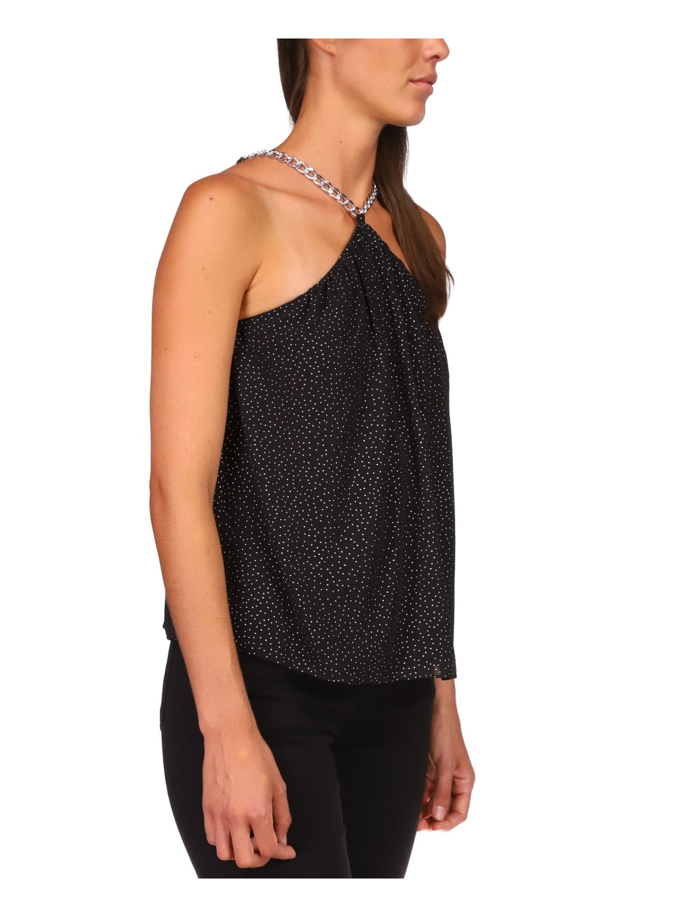 MICHAEL KORS Womens Black Metallic Embellished Chain Detail Sleeveless Halter Party Top