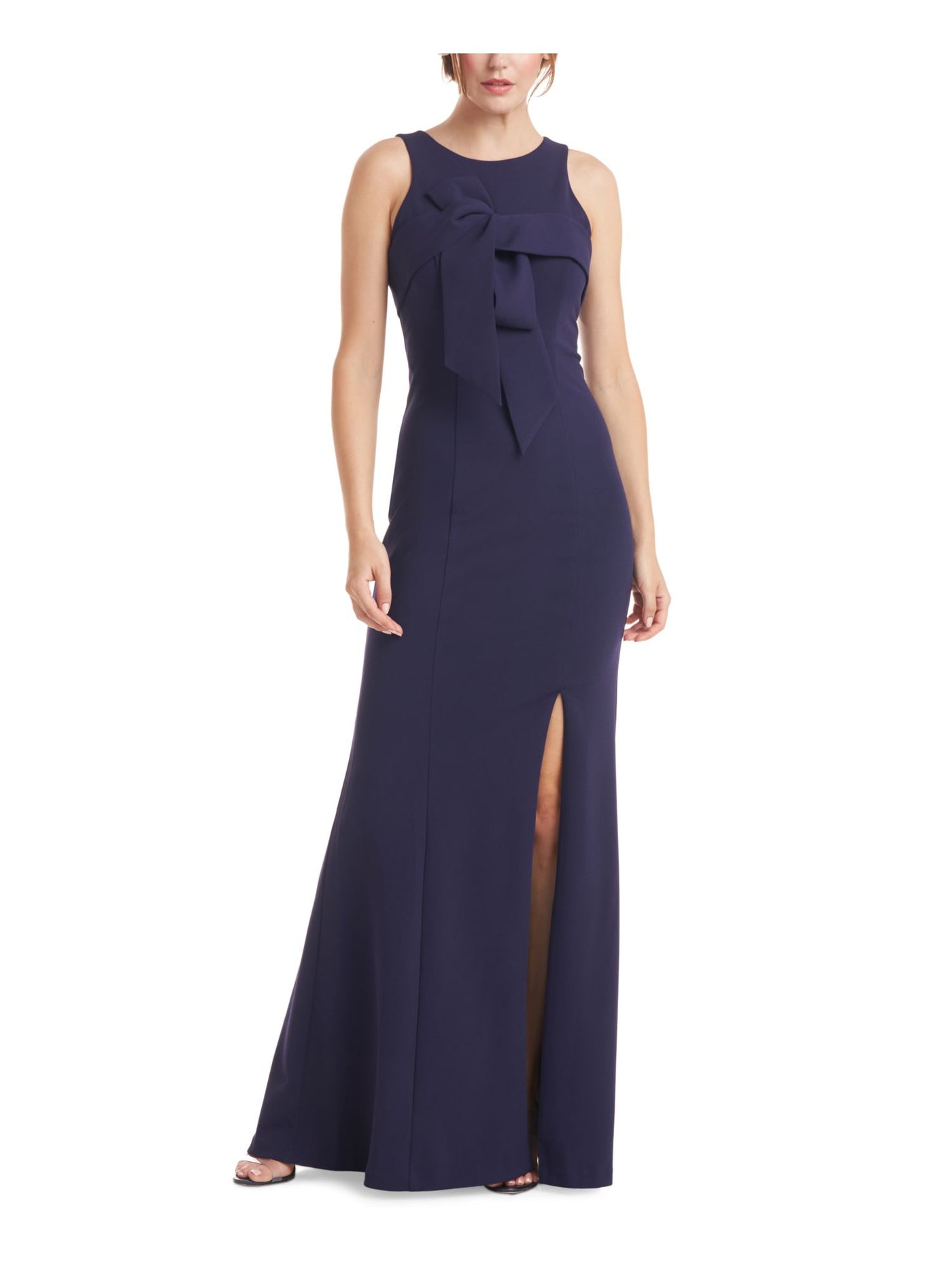JS COLLECTION Womens Navy Stretch Slitted Zippered Bow Detail Lined Sleeveless Jewel Neck Full-Length Formal Gown Dress 4