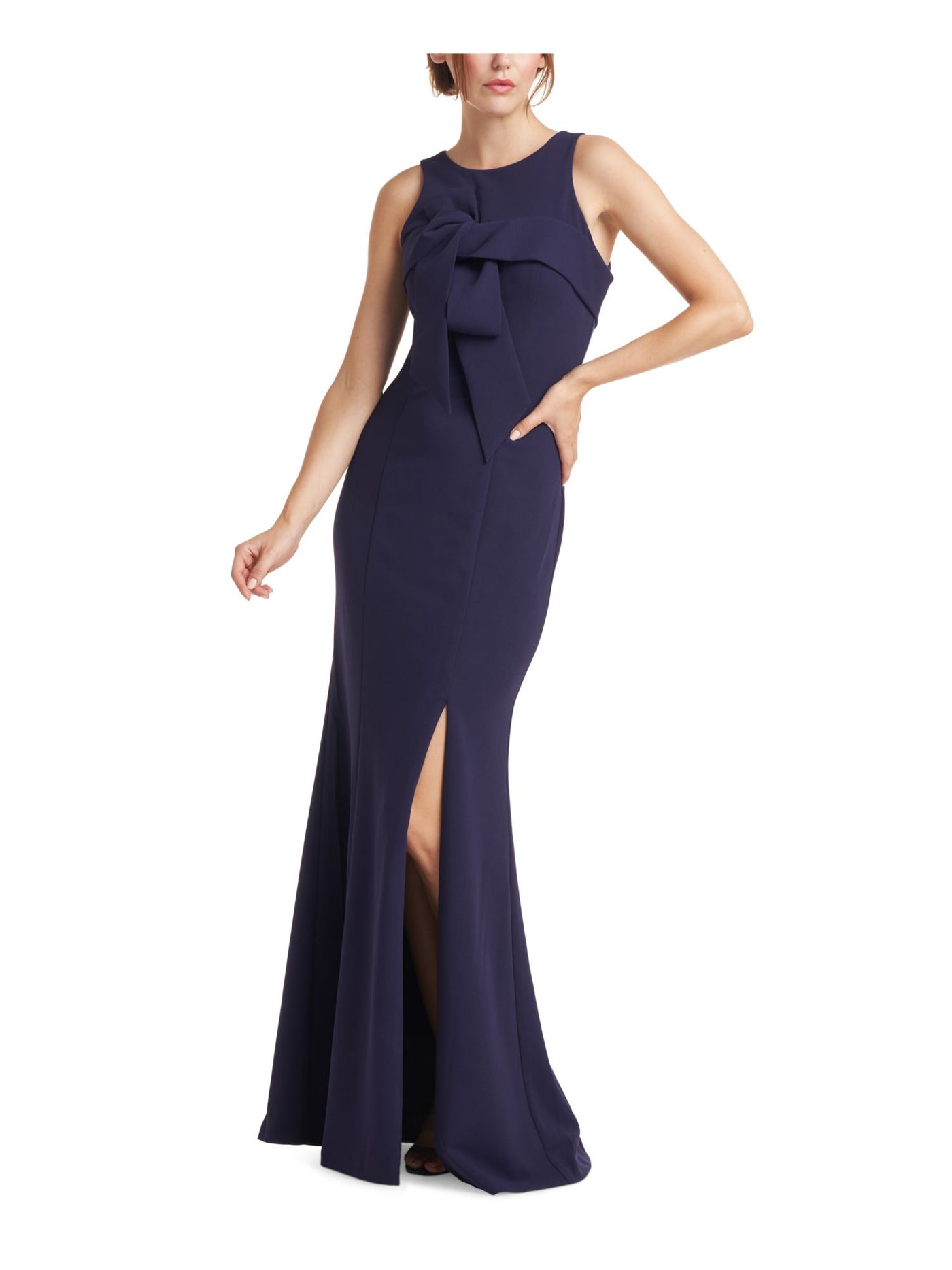 JS COLLECTION Womens Stretch Slitted Zippered Bow Detail Lined Sleeveless Jewel Neck Full-Length Formal Gown Dress