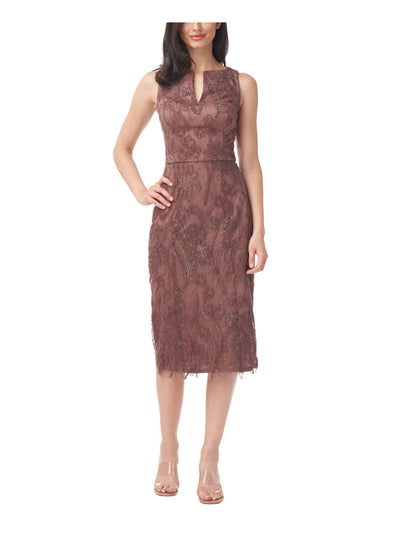 JS COLLECTION Womens Brown Glitter Floral Sleeveless Split Below The Knee Cocktail Sheath Dress 10