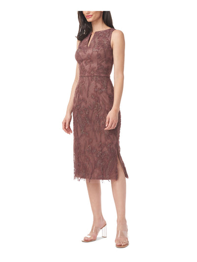 JS COLLECTION Womens Brown Glitter Floral Sleeveless Split Below The Knee Cocktail Sheath Dress 4