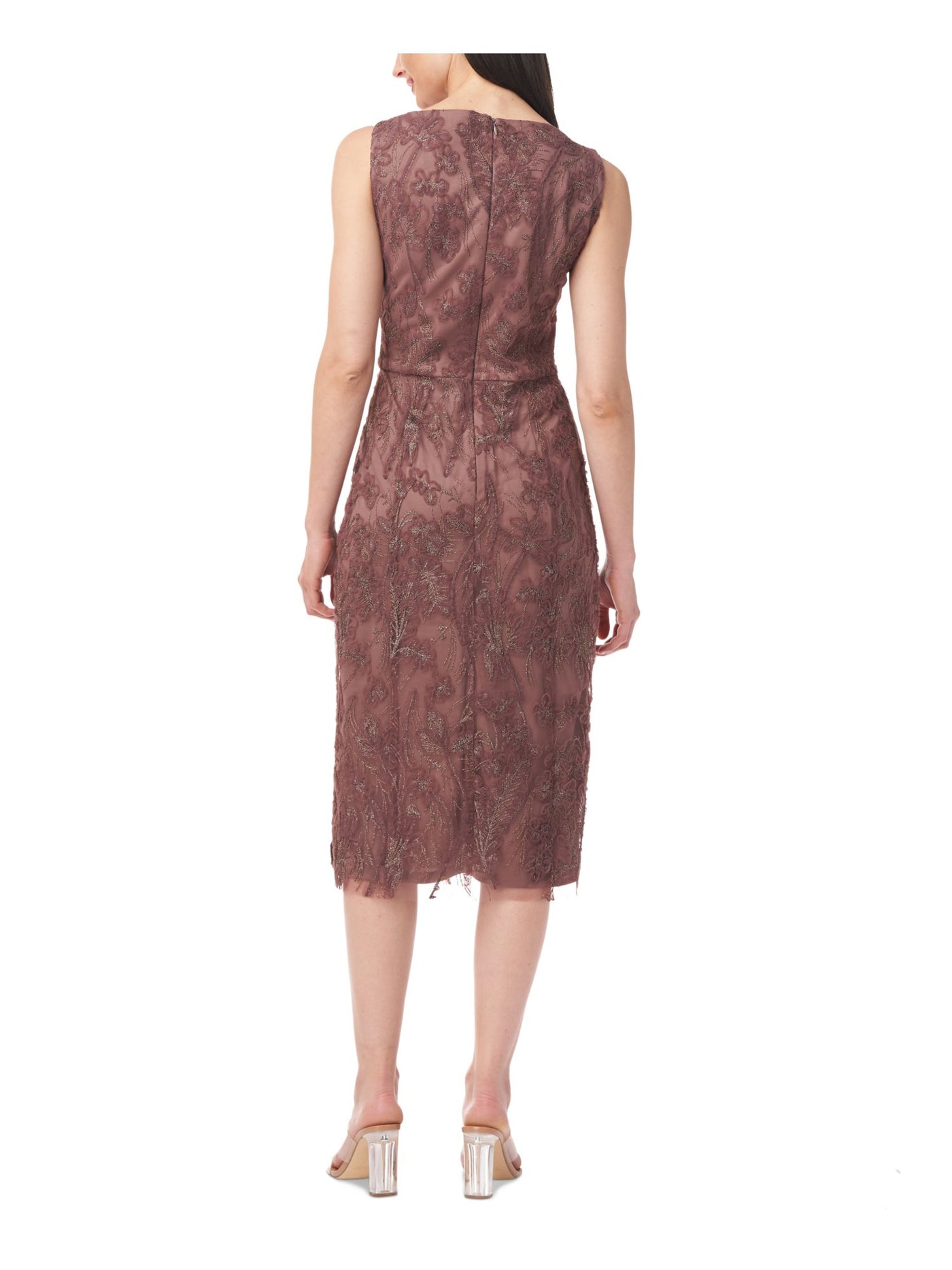 JS COLLECTION Womens Brown Glitter Floral Sleeveless Split Below The Knee Cocktail Sheath Dress 10