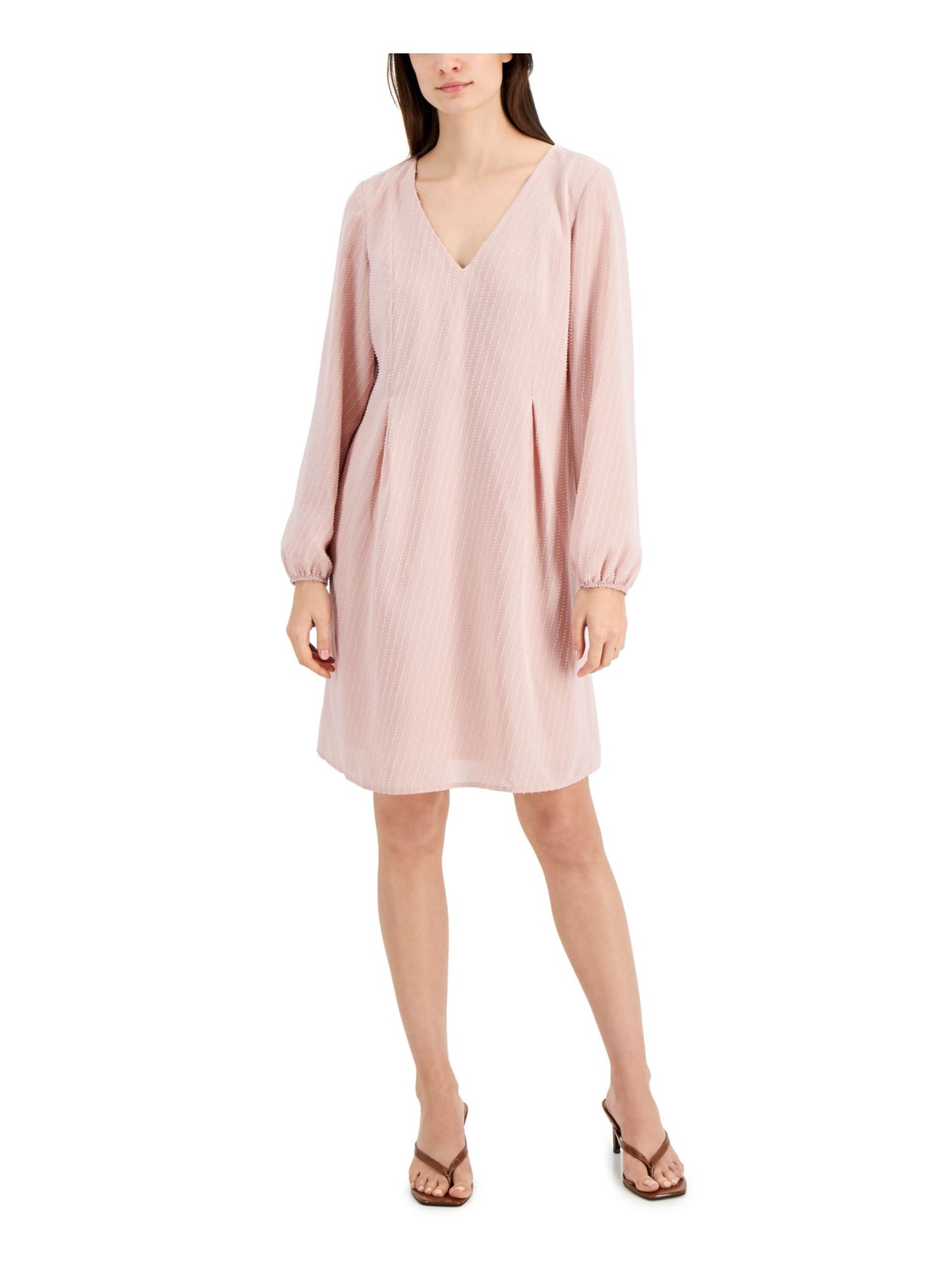 INC Womens Pink Tie Zippered Pleated Lined V Back Long Sleeve V Neck Above The Knee Shift Dress XS