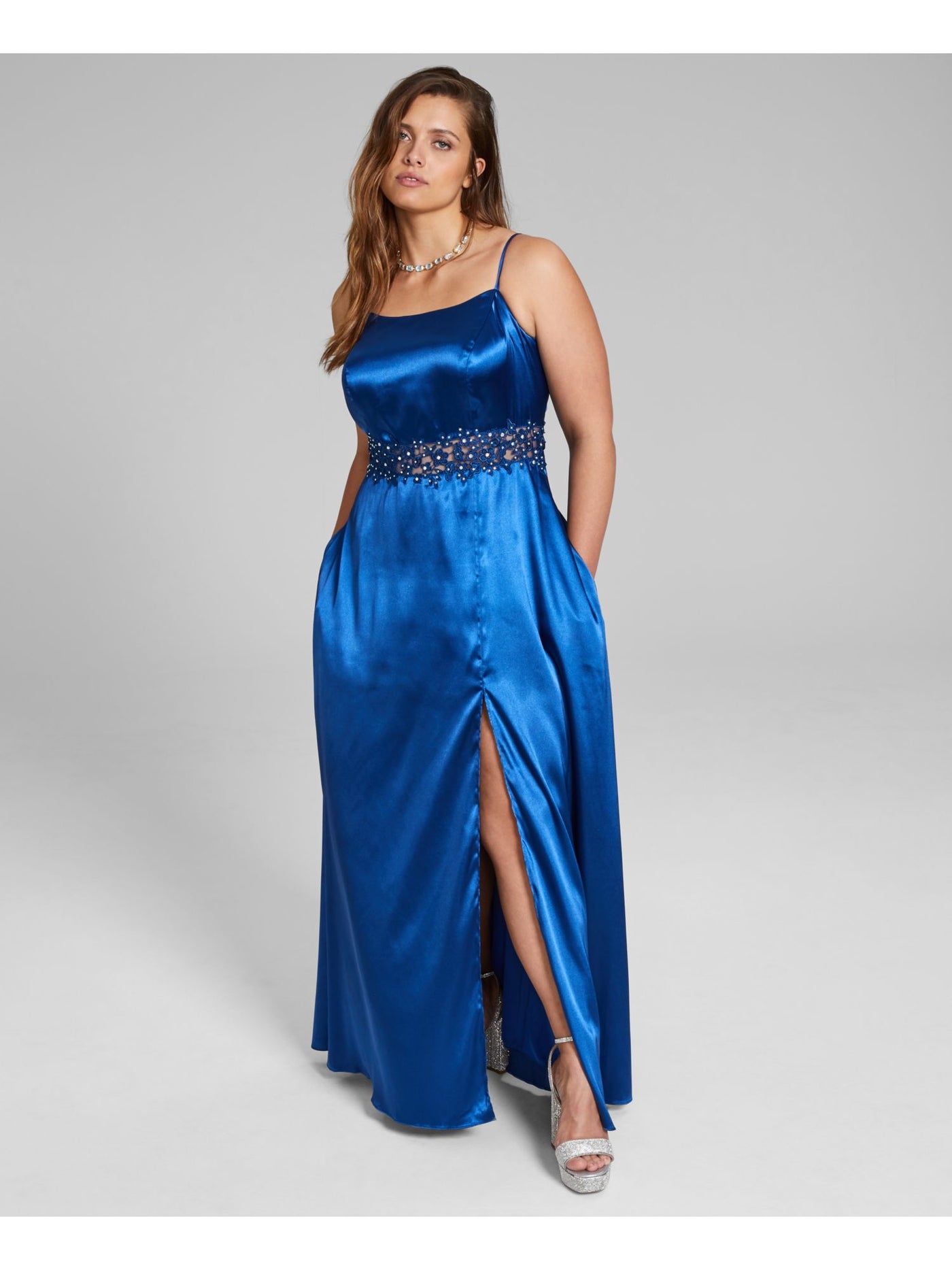CITY STUDIO Womens Blue Zippered Rhinestone Illusion Inset Lined  Pocketed Sleeveless Scoop Neck Full-Length Formal Gown Dress Plus 14W