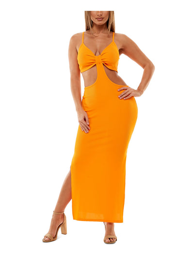ALMOST FAMOUS Womens Orange Cut Out Ribbed High Side Slits Spaghetti Strap V Neck Tea-Length Party Body Con Dress Juniors XL