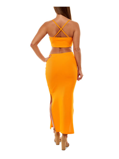 ALMOST FAMOUS Womens Orange Cut Out Ribbed High Side Slits Spaghetti Strap V Neck Tea-Length Party Body Con Dress Juniors XL