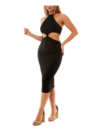 ALMOST FAMOUS Womens Black Ribbed Cut Out Sleeveless Halter Below The Knee Party Body Con Dress Juniors L