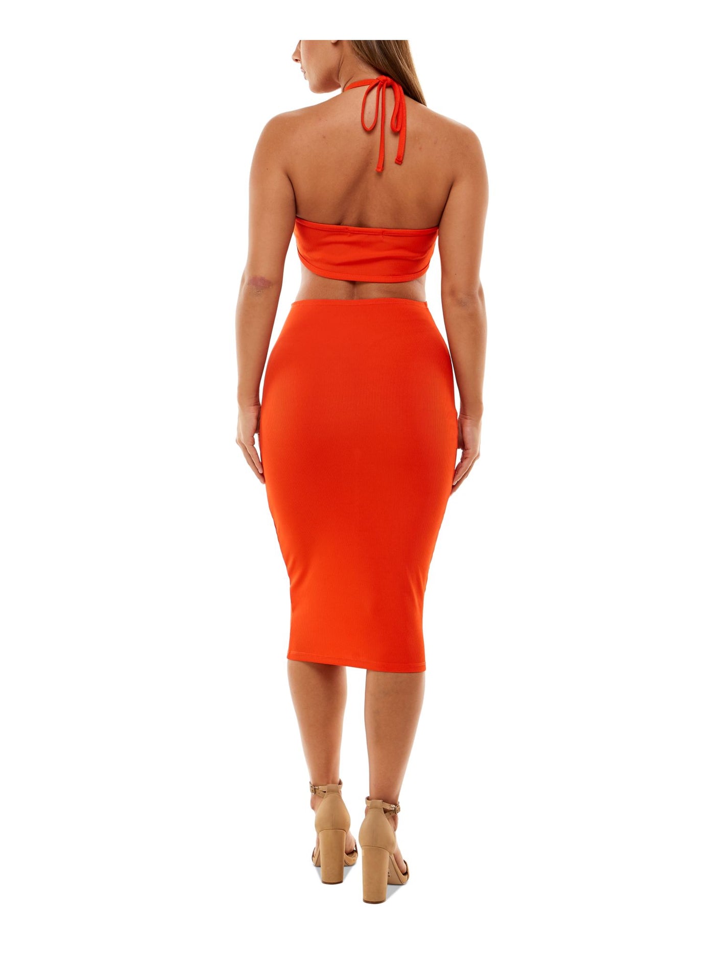 ALMOST FAMOUS Womens Ribbed Cut Out Jersey Knit Tie Neck Sleeveless Halter Below The Knee Party Body Con Dress