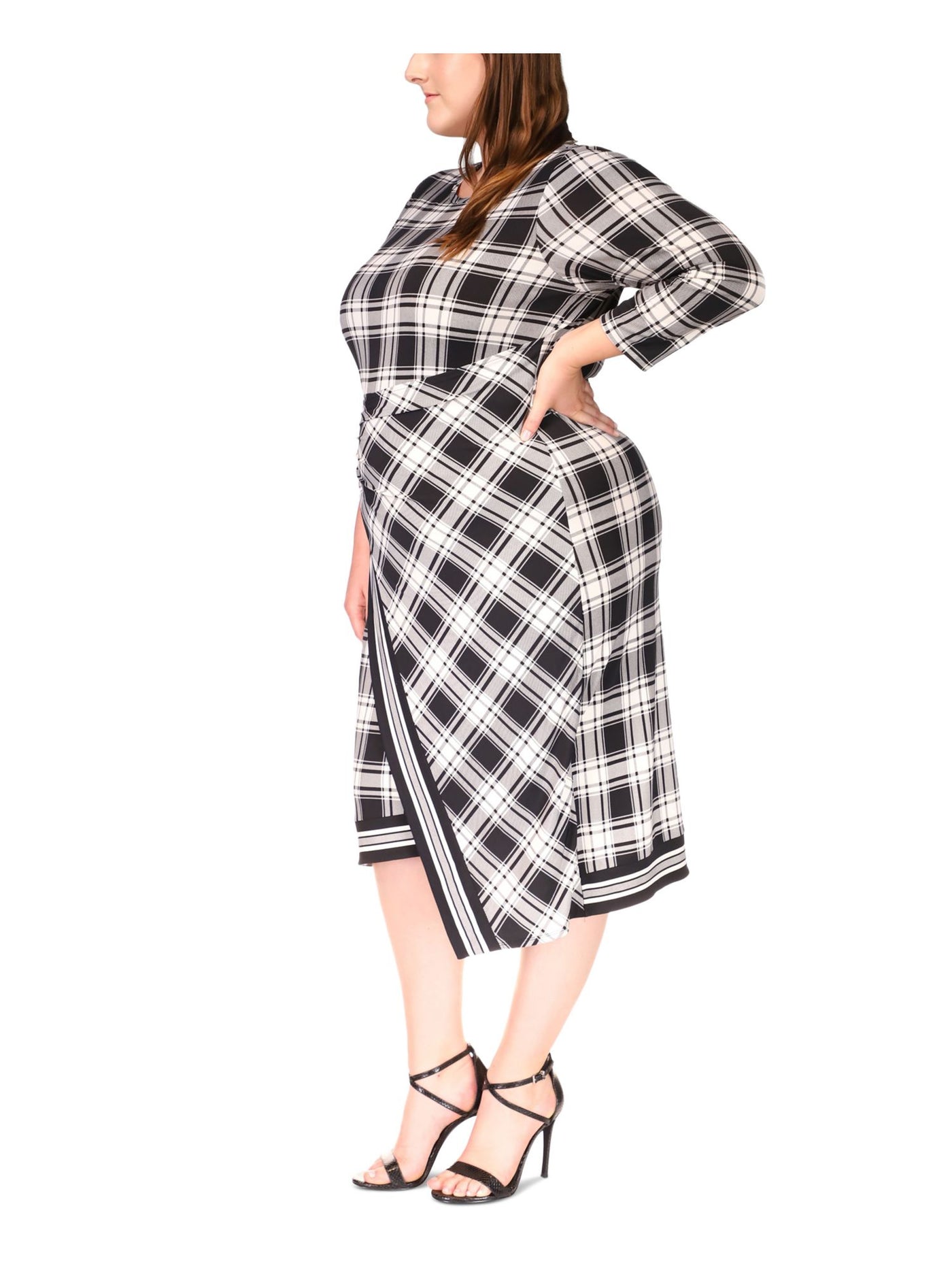 MICHAEL MICHAEL KORS Womens White Unlined Asymmetrical Pullover Plaid 3/4 Sleeve Crew Neck Midi Faux Wrap Dress Plus 3X