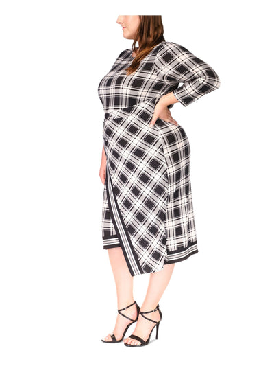MICHAEL MICHAEL KORS Womens Ivory Unlined Asymmetrical Pullover Plaid 3/4 Sleeve Crew Neck Midi Faux Wrap Dress Plus 0X
