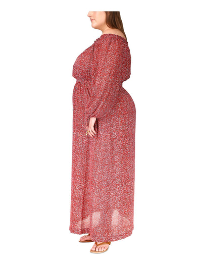 MICHAEL MICHAEL KORS Womens Red Floral Long Sleeve Off Shoulder Maxi Blouson Dress Plus 2X
