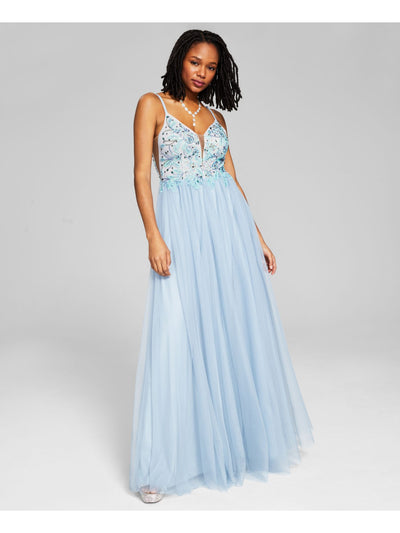 SAY YES TO THE PROM Womens Beaded Zippered Lined Tulle Spaghetti Strap V Neck Full-Length Prom Gown Dress