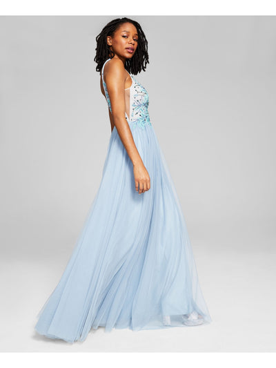 SAY YES TO THE PROM Womens Light Blue Beaded Zippered Lined Tulle Spaghetti Strap V Neck Full-Length Prom Gown Dress Juniors 9