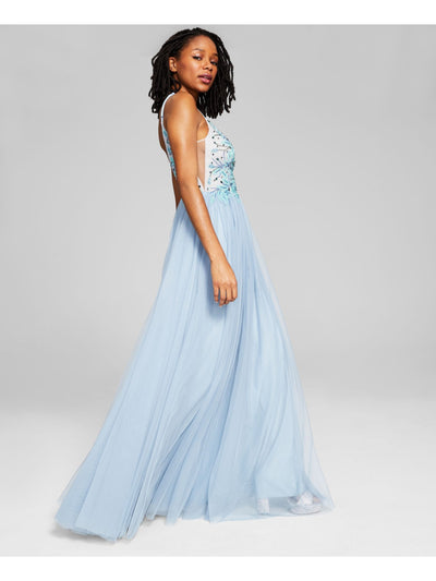 SAY YES TO THE PROM Womens Light Blue Beaded Zippered Lined Tulle Spaghetti Strap V Neck Full-Length Prom Gown Dress 9