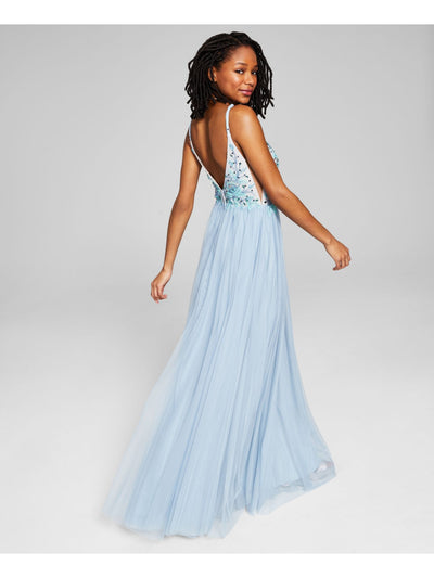 SAY YES TO THE PROM Womens Light Blue Beaded Zippered Lined Tulle Spaghetti Strap V Neck Full-Length Prom Gown Dress Juniors 5
