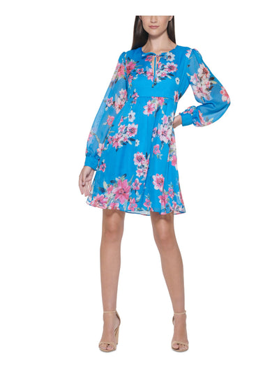 KENSIE DRESSES Womens Blue Ribbed Lined Floral Cuffed Sleeve Tie Neck Above The Knee Party Shift Dress 6