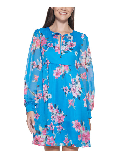 KENSIE Womens Blue Ribbed Lined Floral Cuffed Sleeve Tie Neck Above The Knee Party Shift Dress 2