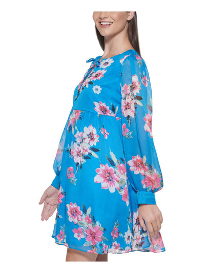 KENSIE DRESSES Womens Blue Ribbed Lined Floral Cuffed Sleeve Tie Neck Above The Knee Party Shift Dress 6