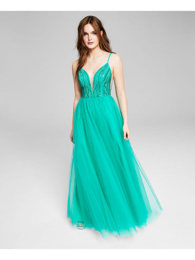 SAY YES TO THE PROM Womens Green Beaded Zippered Lined Sleeveless V Neck Full-Length Prom Gown Dress Juniors 1