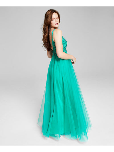 SAY YES TO THE PROM Womens Turquoise Beaded Zippered Lined Sleeveless V Neck Full-Length Formal Gown Dress 3