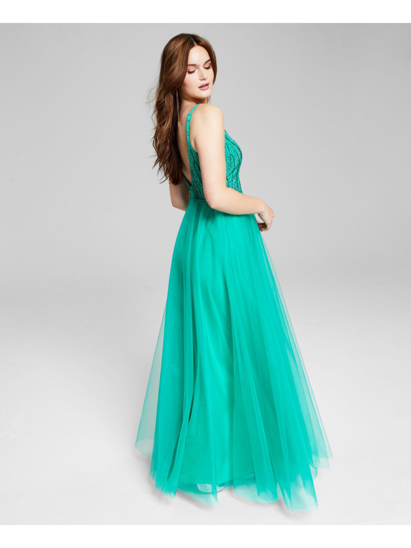 SAY YES TO THE PROM Womens Green Beaded Zippered Lined Sleeveless V Neck Full-Length Prom Gown Dress Juniors 13