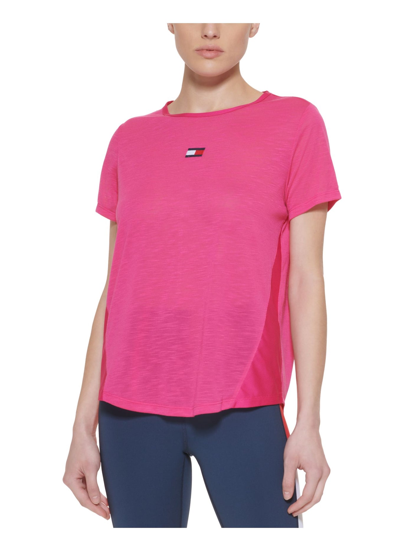 TOMMY HILFIGER SPORT Womens Pink Sheer Fitness Mesh Side Insets Heather Short Sleeve Crew Neck Active Wear T-Shirt XS