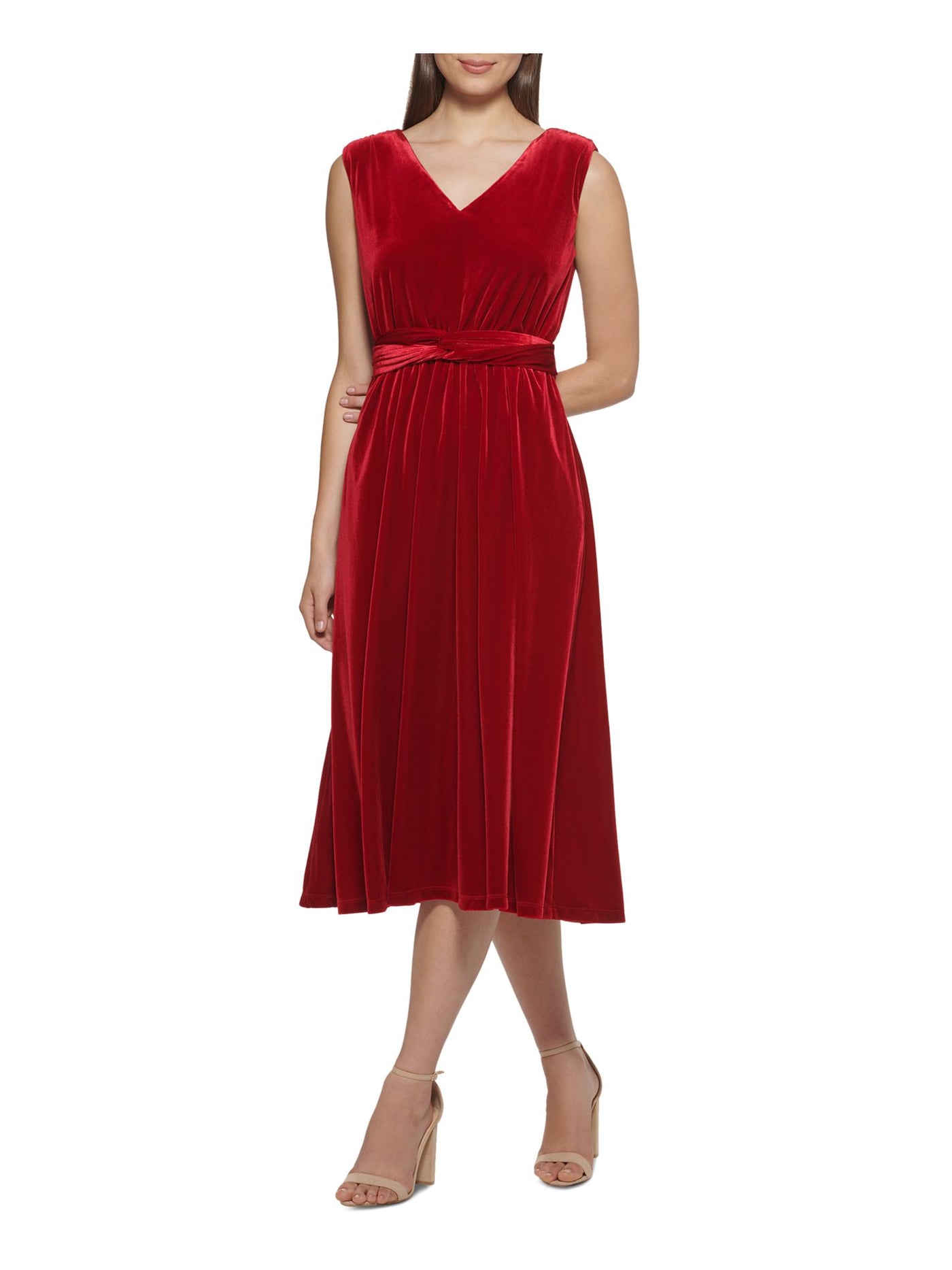 KENSIE Womens Red Pocketed Twist Front Sleeveless V Neck Midi Party Shift Dress L