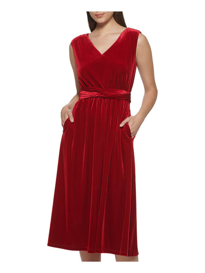 KENSIE Womens Red Pocketed Twist Front Sleeveless V Neck Midi Party Shift Dress L