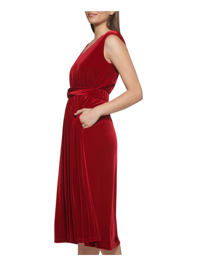 KENSIE Womens Red Pocketed Twist Front Sleeveless V Neck Midi Party Shift Dress M