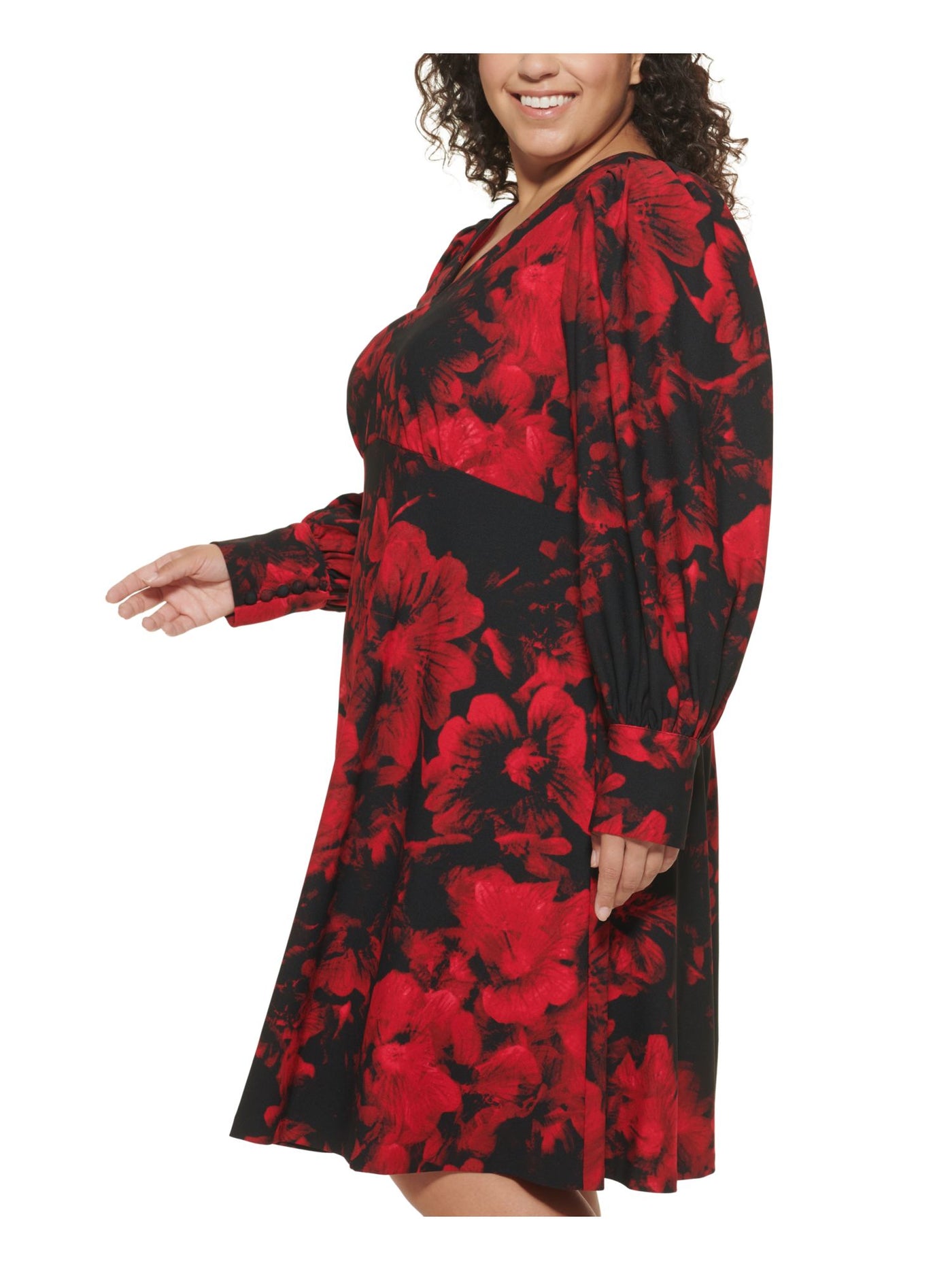 CALVIN KLEIN Womens Red Stretch Zippered Scuba Crepe Floral Long Sleeve V Neck Knee Length Evening A-Line Dress Plus 16W