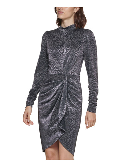 CALVIN KLEIN Womens Gray Metallic Zippered Ruched Animal Print Long Sleeve Mock Neck Above The Knee Party Faux Wrap Dress Petites 2P