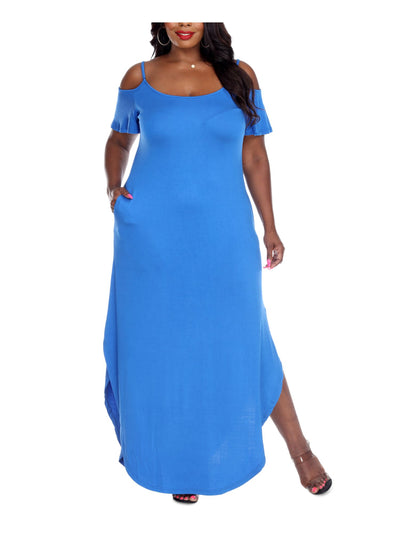 WHITE MARK Womens Blue Cold Shoulder Pocketed Ruffled Split Sides Short Sleeve Scoop Neck Maxi Shift Dress Plus 1XL
