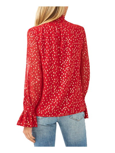 VINCE CAMUTO Womens Red Metallic Ruffled Sheer Printed Bell Sleeve Mock Neck Party Top XS