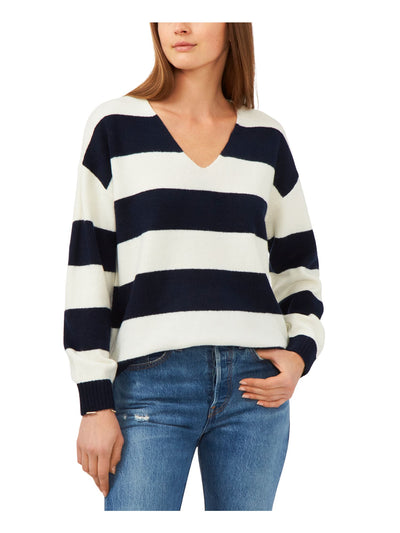 VINCE CAMUTO Womens Navy Ribbed Fitted Striped Long Sleeve V Neck Wear To Work Sweater XL