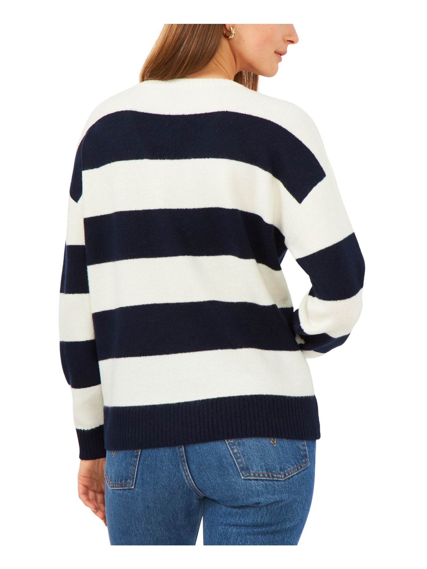 VINCE CAMUTO Womens Navy Ribbed Fitted Striped Long Sleeve V Neck Wear To Work Sweater XL