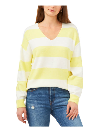 VINCE CAMUTO Womens Yellow Ribbed Striped Long Sleeve V Neck Sweater XL
