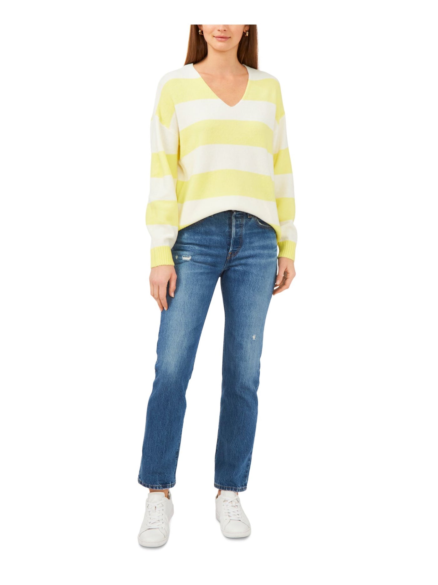 VINCE CAMUTO Womens Yellow Ribbed Striped Long Sleeve V Neck Sweater XL